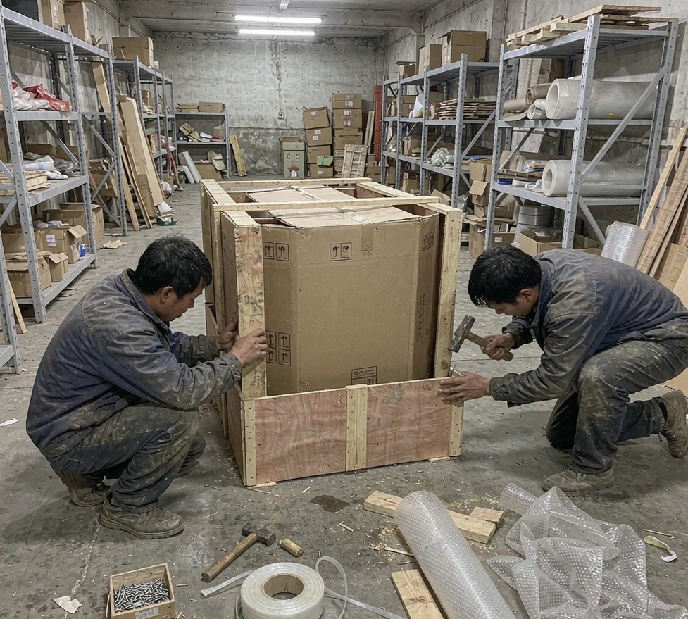 Two workers building a wooden export crate on site