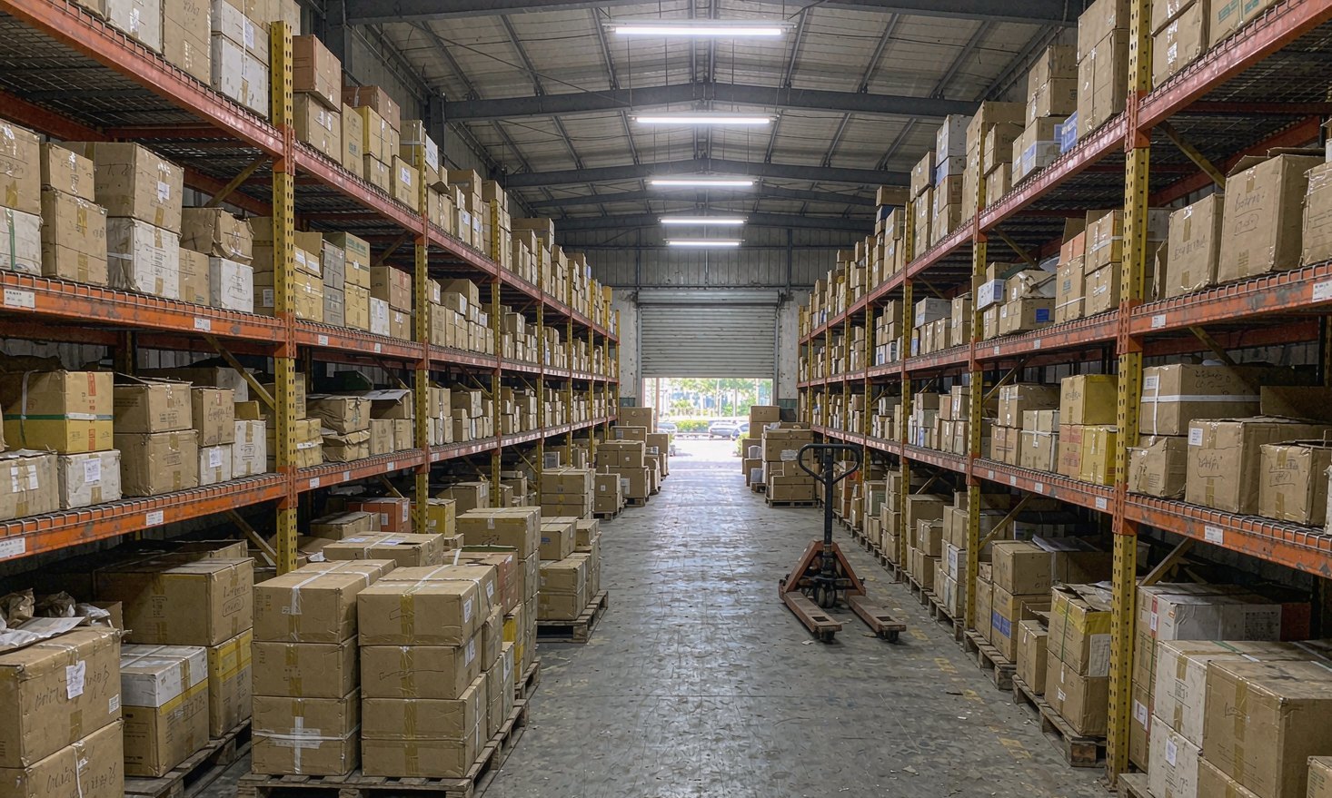 Gratebay consolidation warehouse with furniture and parcels on racks